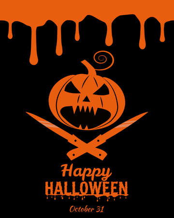 Happy Halloween Poster, scary smiles pumpkin, drips orange color. Vector illustration vintageのイラスト素材