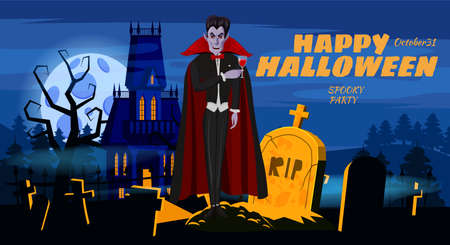 Happy Halloween Dracula on cemetery, crosses, graves, scary pumpkins, moon, dark abandoned mansion night, silhouettes of flying bats. Vector illustration cartoon style posterのイラスト素材