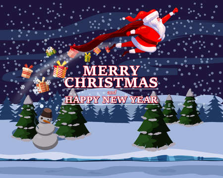 Santa Claus funny as Superhero wearing cape flying in night winter landscape giving out gift boxes. Merry Christmas poster background cartoon style illustrationのイラスト素材
