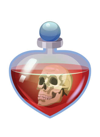 Bottle magic potion with scull. Game icon asset, glass, liquid elixir, poisine, flask, Vector illustration cartoon for game, app UIのイラスト素材