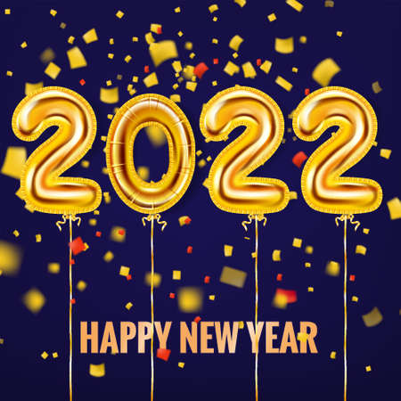2022 Happy New Year Gold balloons. Gold foil numerals with confetti, ribbons, poster, banner. Vector realistic 3D illustrationのイラスト素材