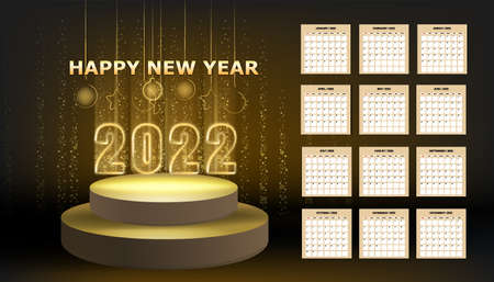 2022 New Year Calendar shiny gold color shiny numbers banner, stage podium. Week starts from Sunday. Realistic text flash light, golden particles, glitter, sparkles dust, black background. Vector illustration isolatedのイラスト素材