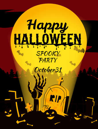 Retro poster Happy Halloween poster, night cemetery, zombie hand crawls out against, background of the full moon . Vector illustration cartoon style bannerのイラスト素材