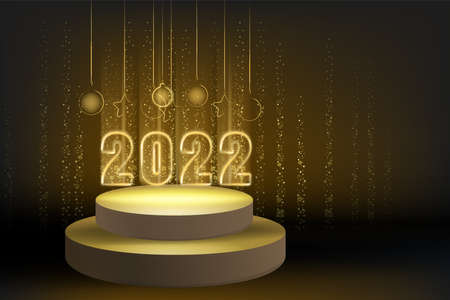2022 New Year shiny gold color shiny numbers banner, stage podium. Realistic text flash light, golden particles, glitter, sparkles dust, black background. Vector illustrationのイラスト素材