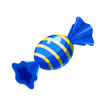 Candy isometric wrapped colorful blue with stripes confectionery caramel lollipop. Vector illustration cartoon styleのイラスト素材