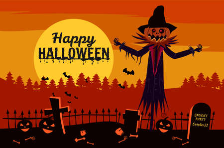 Happy Halloween poster, night cemetery, scary smiles pumpkins, bats, full Moon. Vector illustration cartoon style bannerのイラスト素材