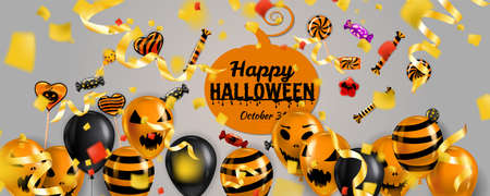 Happy Halloween banner with Balloons air realistic, gold confetti foil falling. Scary smiles, ghost icons black, orange colors. Halloween template backgroundのイラスト素材