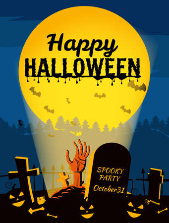 Happy Halloween poster, night cemetery, zombie hand crawls out against, background of the full moon . Vector illustration cartoon style bannerのイラスト素材