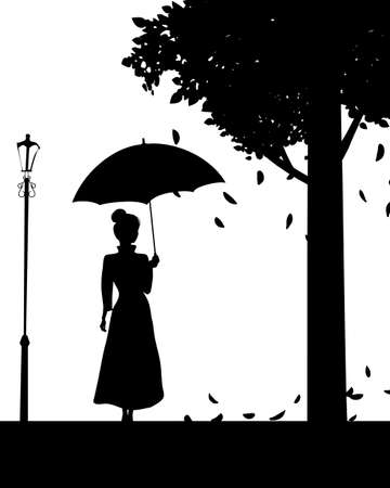 Silhouette of cute girl with umbrella, black color, autumn, tree, street lamp. Vector illustration wight backgroundのイラスト素材