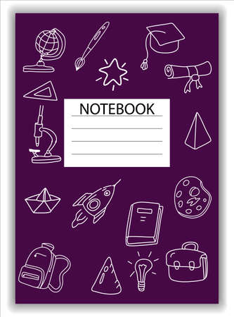 Cover Notebook school doodles icons hand drawn. Template cover for diary, broshure, poster, sketchbook. Vector illustrationのイラスト素材