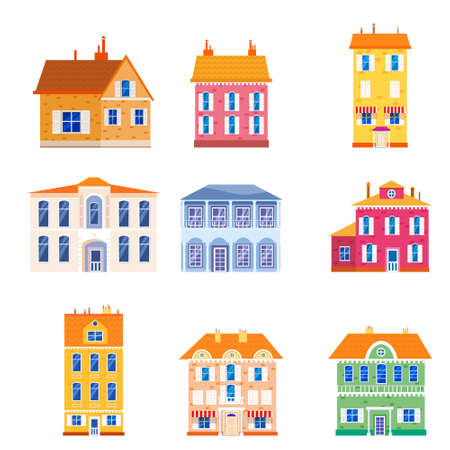 Set houses cottage home front view, colorful real estate. Cartoon urban buildings, vector illustrationのイラスト素材