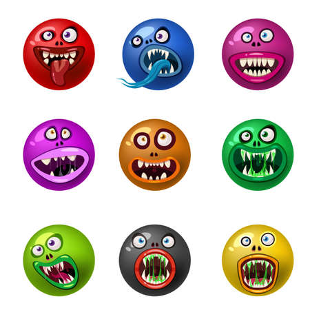 Set od Monster face cartoon round icons head Halloween characters. Illustration, sticker, emblem funny cute mask, vectorのイラスト素材