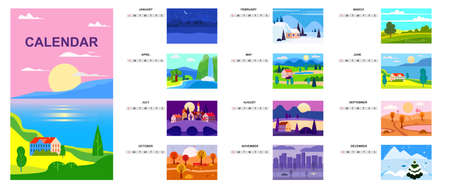 Calendar landscape natural backgrounds of four seasons. Set 12 minimalistic cartoon flat design seasons backgroundのイラスト素材