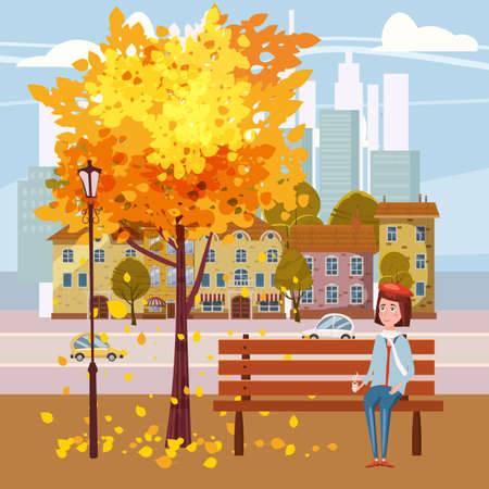 Cute girl sitting on a bench with a cup of coffee, under a tree with falling yellow leaves in a city park. Vector, illustrationのイラスト素材