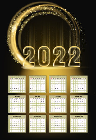2022 New Year Calendar shiny gold color shiny numbers banner, stage podium. Week starts from Sunday. Realistic text flash light, golden particles, glitter, sparkles dust, black background. Vector illustration isolatedのイラスト素材
