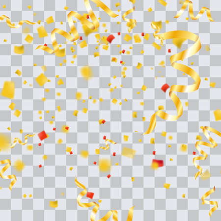 Gold confetti on transparent checkered background. Foil golden particles. Vector template party holiday poster bannerのイラスト素材