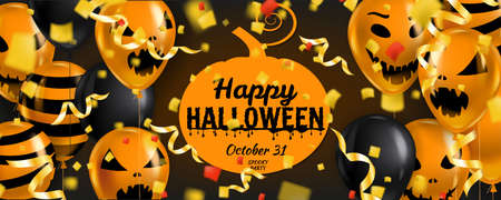 Happy Halloween banner with Balloons air realistic, gold confetti foil falling. Scary smiles, ghost icons black, orange colors. Halloween template backgroundのイラスト素材