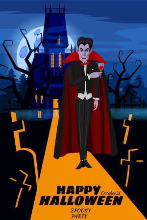 Happy Halloween Dracula invites to party on cemetery, crosses, graves, scary pumpkins, moon, dark abandoned mansion night, silhouettes of flying bats. Vector illustration cartoon style posterのイラスト素材
