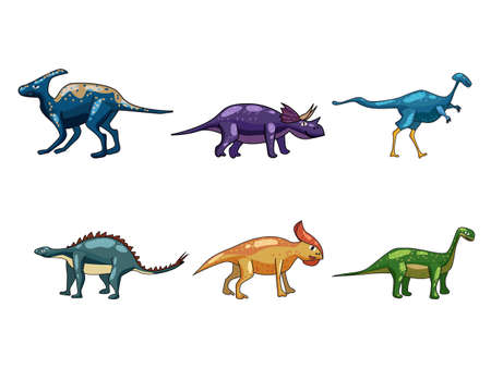 Set funny prehistoric dinosaurus Triceratops, Brontosaurus. Collection ancient wild monsters reptiles cartoon style. Vector isolatedのイラスト素材