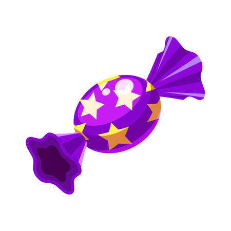 Candy isometric wrapped colorful purple confectionery caramel lollipop. Vector illustration cartoon styleのイラスト素材