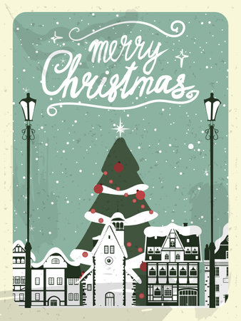 Retro poster Merry Christmas, winter Europe old town cityscape, Christmas tree. Urban landscape greeting card. Vector illustration cartoon retro styleのイラスト素材