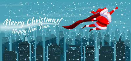 Santa Claus funny as Superhero wearing cape flying over the night modern city, buildings, skyscrapers giving out gift boxes. Merry Christmas poster background cartoon style illustrationのイラスト素材