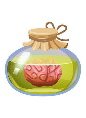 Bottle magic potion with brain. Game icon asset, glass, liquid elixir, poisine, flask, Vector illustration cartoon for game, app UIのイラスト素材