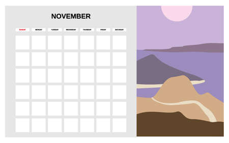 Calendar Planner November autumn month. Minimal abstract contemporary landscape natural background. Monthly template for diary business. Vector isolatedのイラスト素材