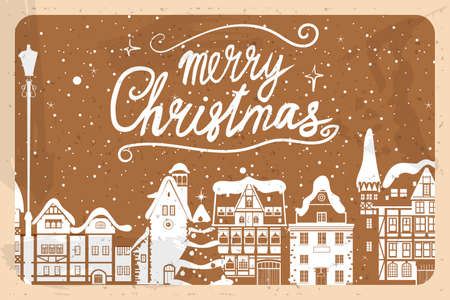 Vintage banner Merry Christmas, winter Europe old town cityscape. Urban landscape greeting card. Vector illustration cartoon retro styleのイラスト素材