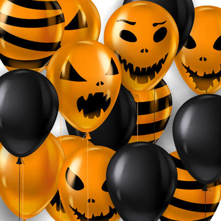 Happy Halloween background with Balloons air realistic. Scary smiles, ghost icons black, orange colors. Halloween templateのイラスト素材
