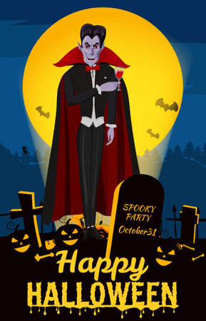 Happy Halloween Dracula on cemetery, crosses, graves, scary pumpkins, moon, night, silhouettes of flying bats. Vector illustration cartoon style posterのイラスト素材