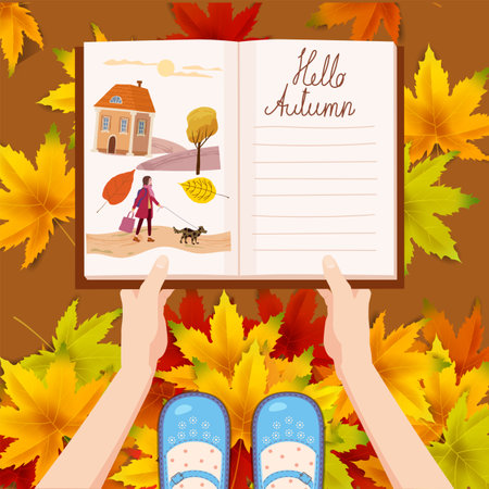 Girl holding an open autumn diary with illustrations daily notepad, list schedule, goals, to do, acorn, autumn leaves, coffe cup. Background heap of colorful autumn leaves . Vector illustration modern cartoon styleisolatedのイラスト素材