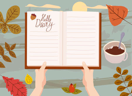 Hands holding an open Autumn Daily Diary notepad, list schedule, goals, to do, acorn, autumn leaves, coffee cup. Personal planning and organisation, organizer page. Vector illustration modern cartoon style isolatedのイラスト素材