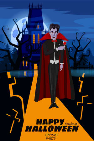Happy Halloween Dracula invites to party on cemetery, crosses, graves, scary pumpkins, moon, dark abandoned mansion night, silhouettes of flying bats. Vector illustration cartoon style posterのイラスト素材