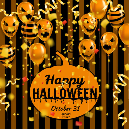 Happy Halloween banner with Balloons air realistic, gold confetti foil falling. Scary smiles, ghost icons black, orange colors. Halloween template backgroundのイラスト素材