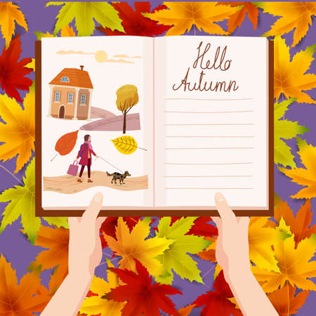 Open Autumn Daily Diary notepad, list schedule, goals, to do, acorn, autumn leaves. Background heap of colorful autumn leaves . Vector illustration modern cartoon styleのイラスト素材
