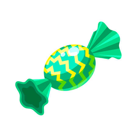 Candy isometric wrapped colorful green with stripes confectionery caramel lollipop. Vector illustration cartoon styleのイラスト素材