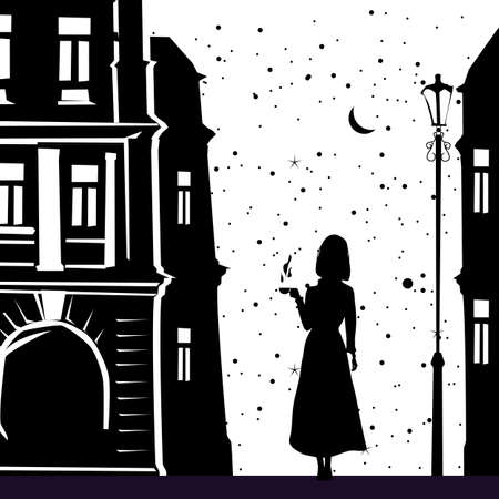 Silhouette elegant girl with cup of coffee, night city, autumn, buildings black color. Vector illustrationのイラスト素材