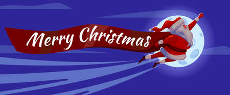 Santa Claus funny as Superhero wearing cape flying night sky. Merry Christmas poster background cartoon style illustrationのイラスト素材
