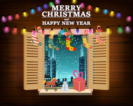 Merry Chrismas window, night, decoraions garland retro, view from the window to the night cityscape, retro toys, christmas tree. Xmas and new Year holiday celebration. Vector illustration flat cartoon style isolatedのイラスト素材