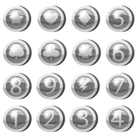 Set of Silver Coins for game apps. Silver icons star, heart, numbers symbols game UI, gaming gambling. Vector illustrationの写真素材