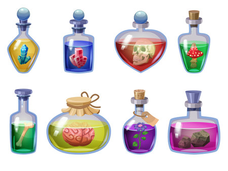 Set of bottles magic potion. Game icons liquid elixir colorful with scull, brain, bone, crystal, flower, mushroom, stone. Vector game asset app UIの写真素材