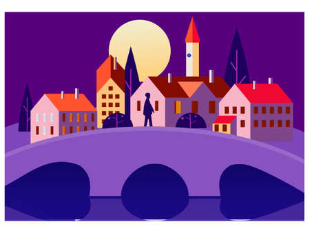 Sunset old town city landscape, night. Architecture Europe bridge river, vector illustration minimal flat styleのイラスト素材