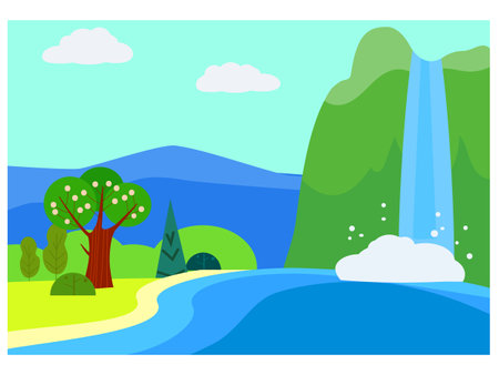 Summer spring lanscape, waterfall rural, field, mountaine, trees. Countryside scene river. Vector illustration minimal styleのイラスト素材