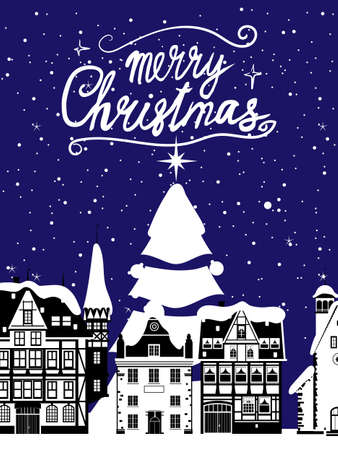 Retro poster Merry Christmas, winter Europe old town cityscape, Christmas tree. Urban landscape greeting card. Vector illustration cartoon retro styleのイラスト素材