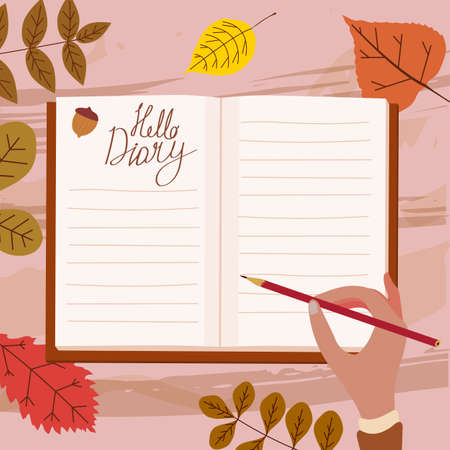 Open Daily Diary notepad, hand of a girl with a pencil, list schedule, goals, to do, acorn, autumn leaves. Personal planning and organisation, organizer page. Vector illustration modern cartoon styleのイラスト素材