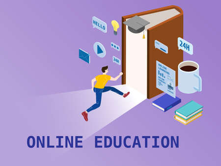 Online Education Student man run to the knowledge open book. Concept online study, courses, webinar. Vector illustration isometricのイラスト素材