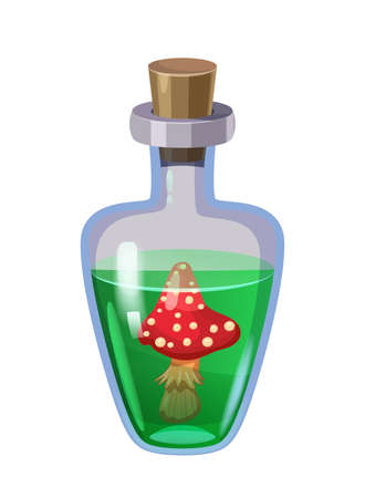 Bottle magic potion with mushroom. Game icon asset, glass, liquid elixir, poisine, flask, Vector illustration cartoon for game, app UIのイラスト素材