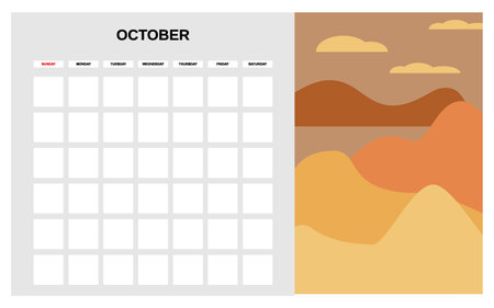 Calendar Planner October autumn month. Minimal abstract contemporary landscape natural background. Monthly template for diary business. Vector isolatedのイラスト素材