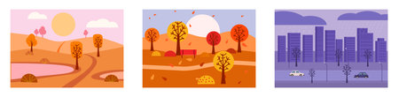 Set of landscapes autumn. Vector minimalistic flat illustrationのイラスト素材